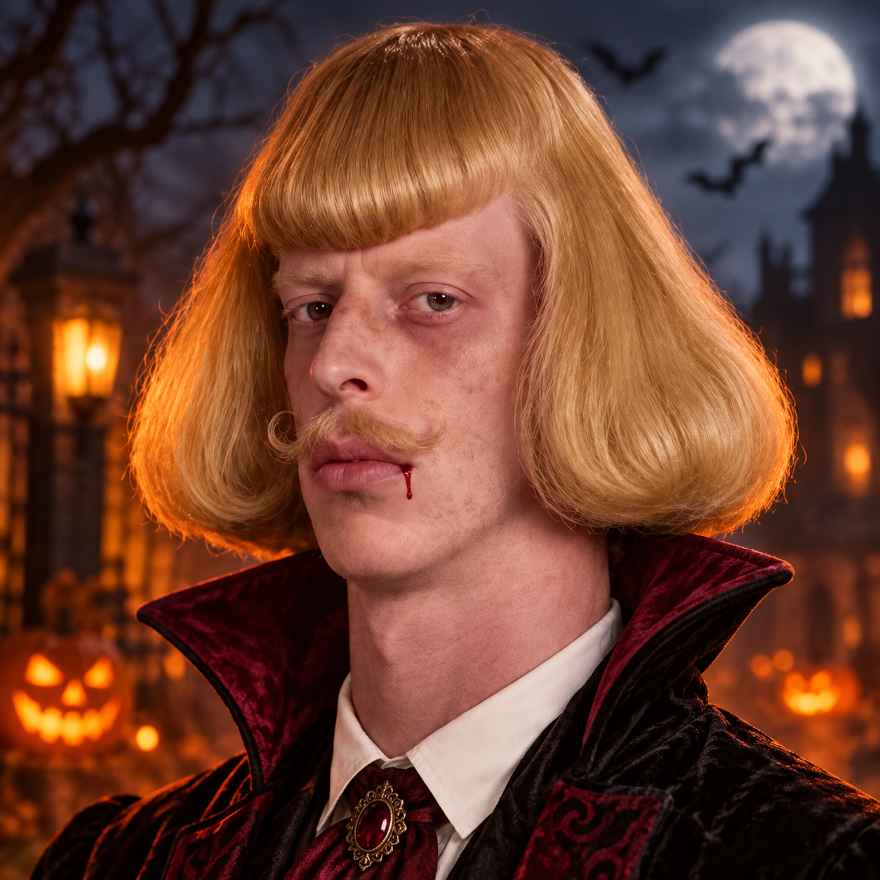 VAMPHIL vampire character with blond hair, a burgundy cape, and a moonlit Halloween backdrop